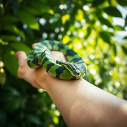 A close-up of a vibrant green and black striped snake rolling playfully on a human arm