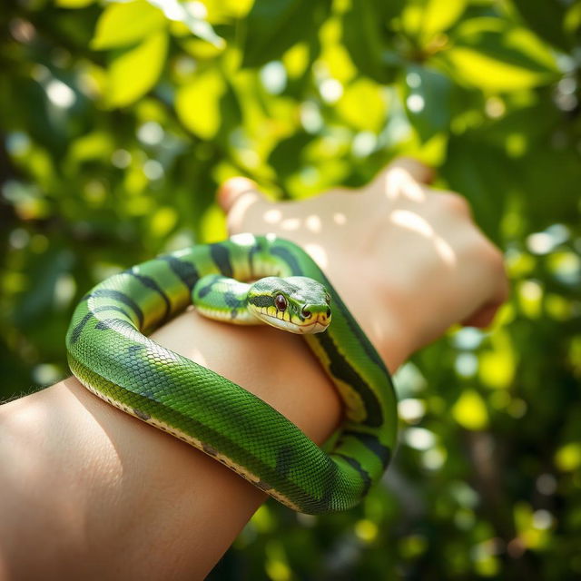 A close-up of a vibrant green and black striped snake rolling playfully on a human arm