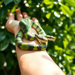 A close-up of a vibrant green and black striped snake rolling playfully on a human arm