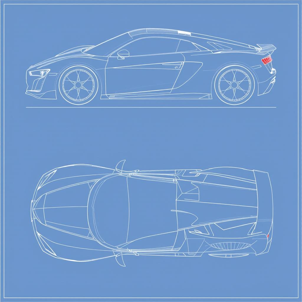 A detailed blueprint of a hypercar inspired by the Audi R8 (2016), Pagani Huayra, and Gordon Murray Automotive T50