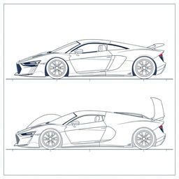 A detailed blueprint of a hypercar inspired by the Audi R8 (2016), Pagani Huayra, and Gordon Murray Automotive T50