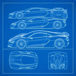 A detailed blueprint of a hypercar inspired by the Audi R8 (2016), Pagani Huayra, and Gordon Murray Automotive T50
