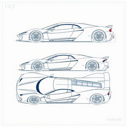 A detailed blueprint of a hypercar inspired by the Audi R8 (2016), Pagani Huayra, and Gordon Murray Automotive T50