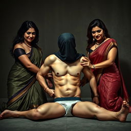 A dramatic interrogation room scene featuring two alluring desi women, both busty and beautiful with heavy makeup and dark lipstick