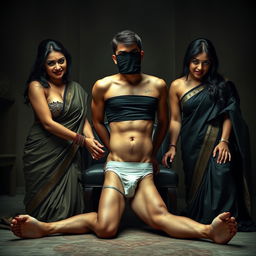 A dramatic interrogation room scene featuring two alluring desi women, both busty and beautiful with heavy makeup and dark lipstick