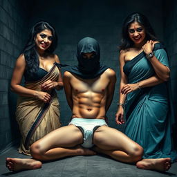 A dramatic interrogation room scene featuring two alluring desi women, both busty and beautiful with heavy makeup and dark lipstick