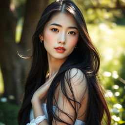 A beautiful Korean woman with long flowing black hair, posing gracefully in a serene natural setting