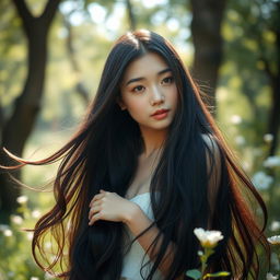 A beautiful Korean woman with long flowing black hair, posing gracefully in a serene natural setting
