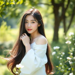 A beautiful Korean woman with long flowing black hair, posing gracefully in a serene natural setting