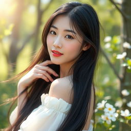 A beautiful Korean woman with long flowing black hair, posing gracefully in a serene natural setting