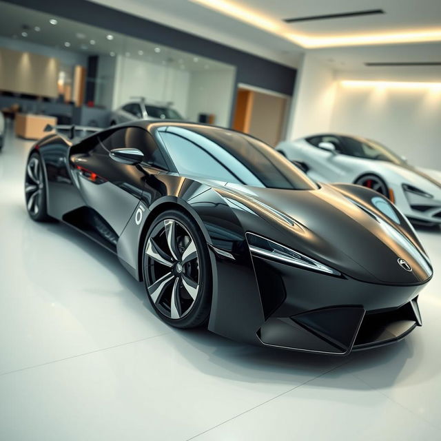 A sleek and futuristic sports car, viewed from an angled corner perspective, showcasing the front and side profile