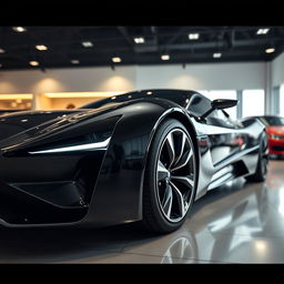 A sleek and futuristic sports car, viewed from an angled corner perspective, showcasing the front and side profile