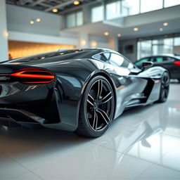 A sleek and futuristic sports car, viewed from an angled corner perspective, showcasing the front and side profile