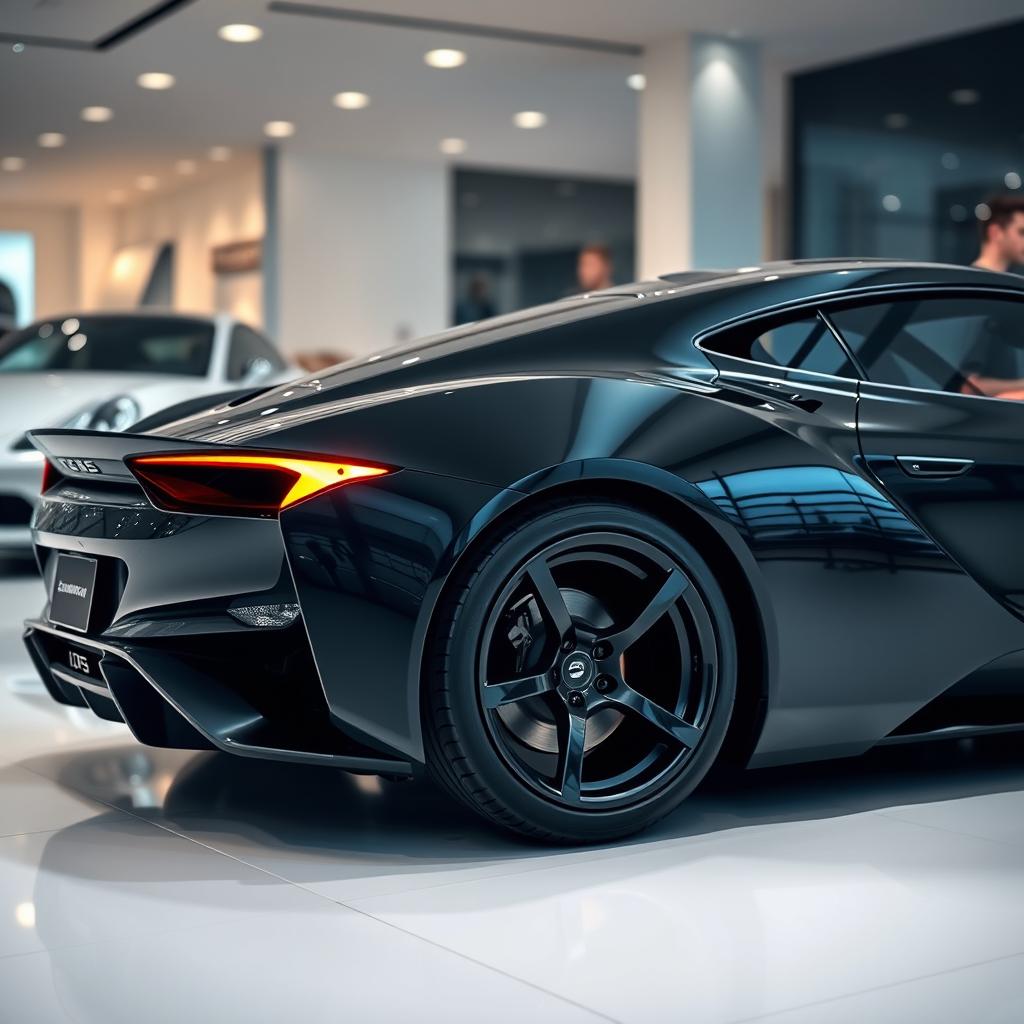 A sleek and futuristic sports car, viewed from an angled corner perspective, showcasing the front and side profile