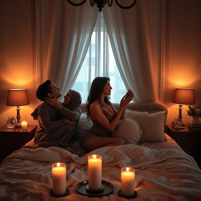 A romantic and intimate scene featuring a couple in a stylish bedroom, practicing different poses of affection and love, softly illuminated by warm candlelight