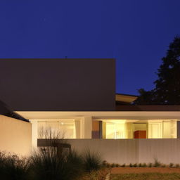 A residential building featuring a steeply sloping roof, illuminated by soft ambient light.