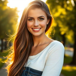 A stunning portrait of a woman named Lisa, featuring long flowing brown hair cascading down her shoulders, warm hazel eyes that sparkle with a hint of mischief, and a radiant smile that lights up the scene