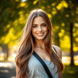 A stunning portrait of a woman named Lisa, featuring long flowing brown hair cascading down her shoulders, warm hazel eyes that sparkle with a hint of mischief, and a radiant smile that lights up the scene