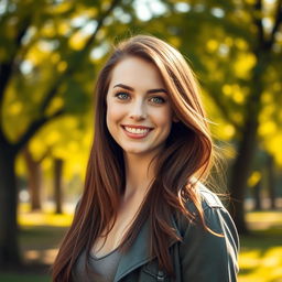A stunning portrait of a woman named Lisa, featuring long flowing brown hair cascading down her shoulders, warm hazel eyes that sparkle with a hint of mischief, and a radiant smile that lights up the scene