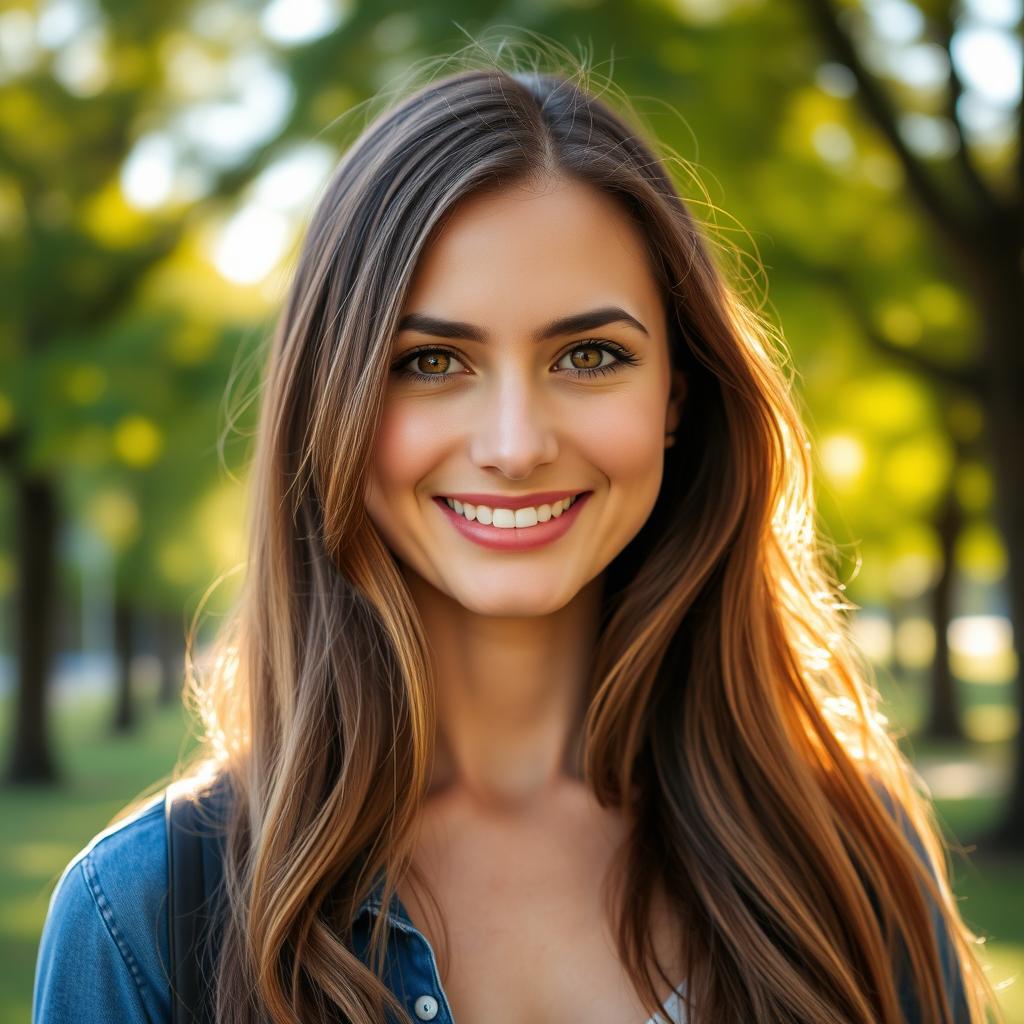 A stunning portrait of a woman named Lisa, featuring long flowing brown hair cascading down her shoulders, warm hazel eyes that sparkle with a hint of mischief, and a radiant smile that lights up the scene