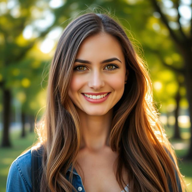 A stunning portrait of a woman named Lisa, featuring long flowing brown hair cascading down her shoulders, warm hazel eyes that sparkle with a hint of mischief, and a radiant smile that lights up the scene