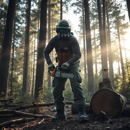 A person wearing an oxygen tank and mask, actively cutting down trees in a dense forest