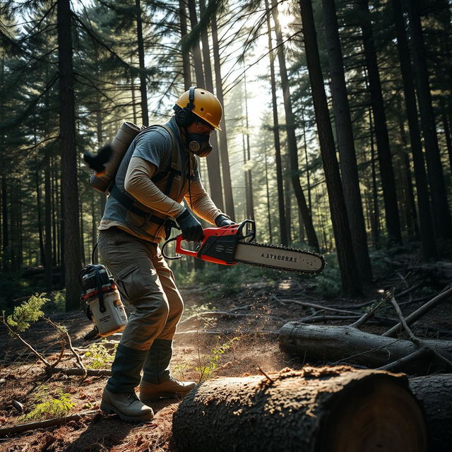 A person wearing an oxygen tank and mask, actively cutting down trees in a dense forest