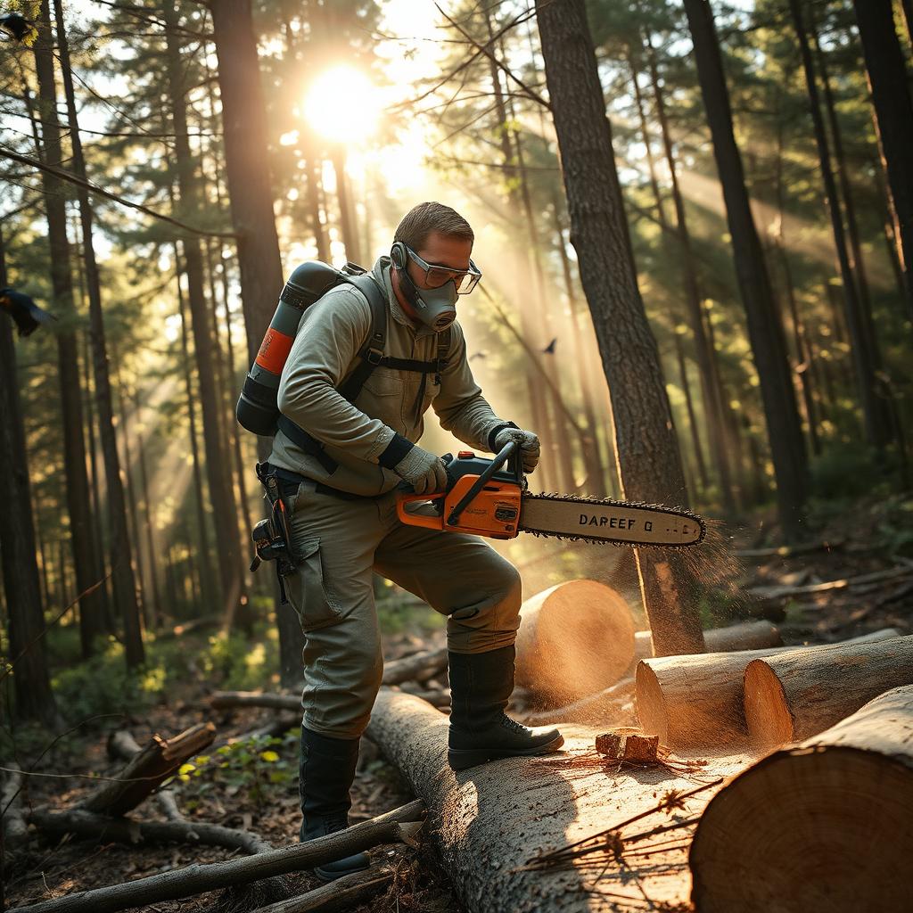 A person wearing an oxygen tank and mask, actively cutting down trees in a dense forest