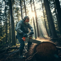 A person wearing an oxygen tank and mask, actively cutting down trees in a dense forest