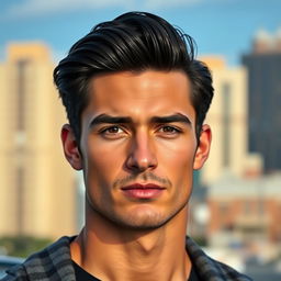 A handsome man with a striking M-shaped hairline, showcasing strong facial features such as a chiseled jawline and captivating brown eyes