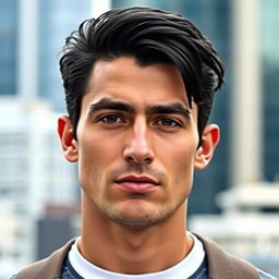 A handsome man with a striking M-shaped hairline, showcasing strong facial features such as a chiseled jawline and captivating brown eyes