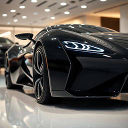 A sleek and futuristic sports car, viewed from an angled corner perspective, showcasing the front and side profile