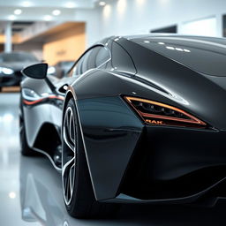 A sleek and futuristic sports car, viewed from an angled corner perspective, showcasing the front and side profile