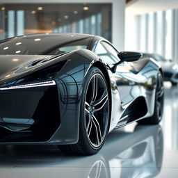 A sleek and futuristic sports car, viewed from an angled corner perspective, showcasing the front and side profile