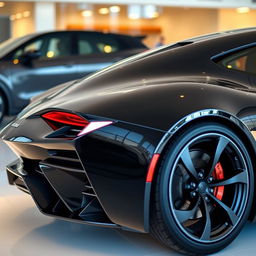 A sleek and futuristic sports car, viewed from an angled corner perspective, showcasing the front and side profile
