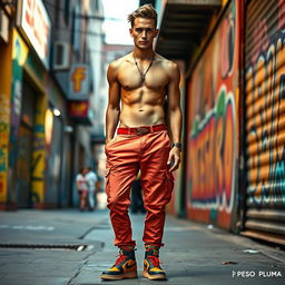 A realistic photo of a man with a slim build, characterized by a fit physique, wearing a stylish and colorful outfit typical of the Peso Pluma aesthetic