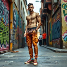 A realistic photo of a man with a slim build, characterized by a fit physique, wearing a stylish and colorful outfit typical of the Peso Pluma aesthetic