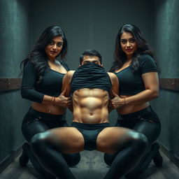 A gripping interrogation room scene featuring two stunning desi women, both voluptuous and captivatingly beautiful