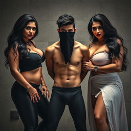 A gripping interrogation room scene featuring two stunning desi women, both voluptuous and captivatingly beautiful