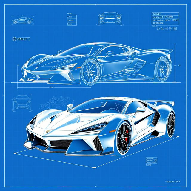 Detailed blueprints of a high-performance sports car resembling a blend of iconic designs from famous car brands, featuring sleek lines and aerodynamic shapes