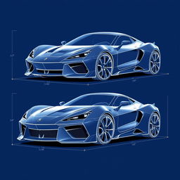 Detailed blueprints of a high-performance sports car resembling a blend of iconic designs from famous car brands, featuring sleek lines and aerodynamic shapes