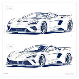 Detailed blueprints of a high-performance sports car resembling a blend of iconic designs from famous car brands, featuring sleek lines and aerodynamic shapes