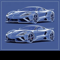 Detailed blueprints of a high-performance sports car resembling a blend of iconic designs from famous car brands, featuring sleek lines and aerodynamic shapes