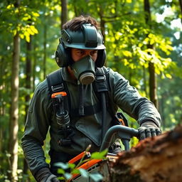 A determined individual wearing an oxygen tank and mask, actively cutting down trees in a lush forest