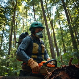 A determined individual wearing an oxygen tank and mask, actively cutting down trees in a lush forest