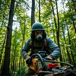 A determined individual wearing an oxygen tank and mask, actively cutting down trees in a lush forest