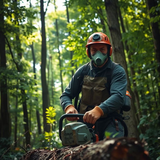 A determined individual wearing an oxygen tank and mask, actively cutting down trees in a lush forest