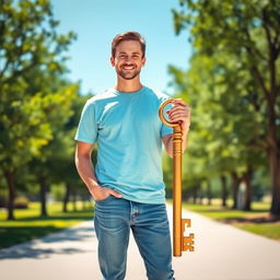 A regular person standing confidently in a bright, outdoor setting, holding a shiny golden key in their right hand