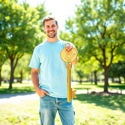 A regular person standing confidently in a bright, outdoor setting, holding a shiny golden key in their right hand