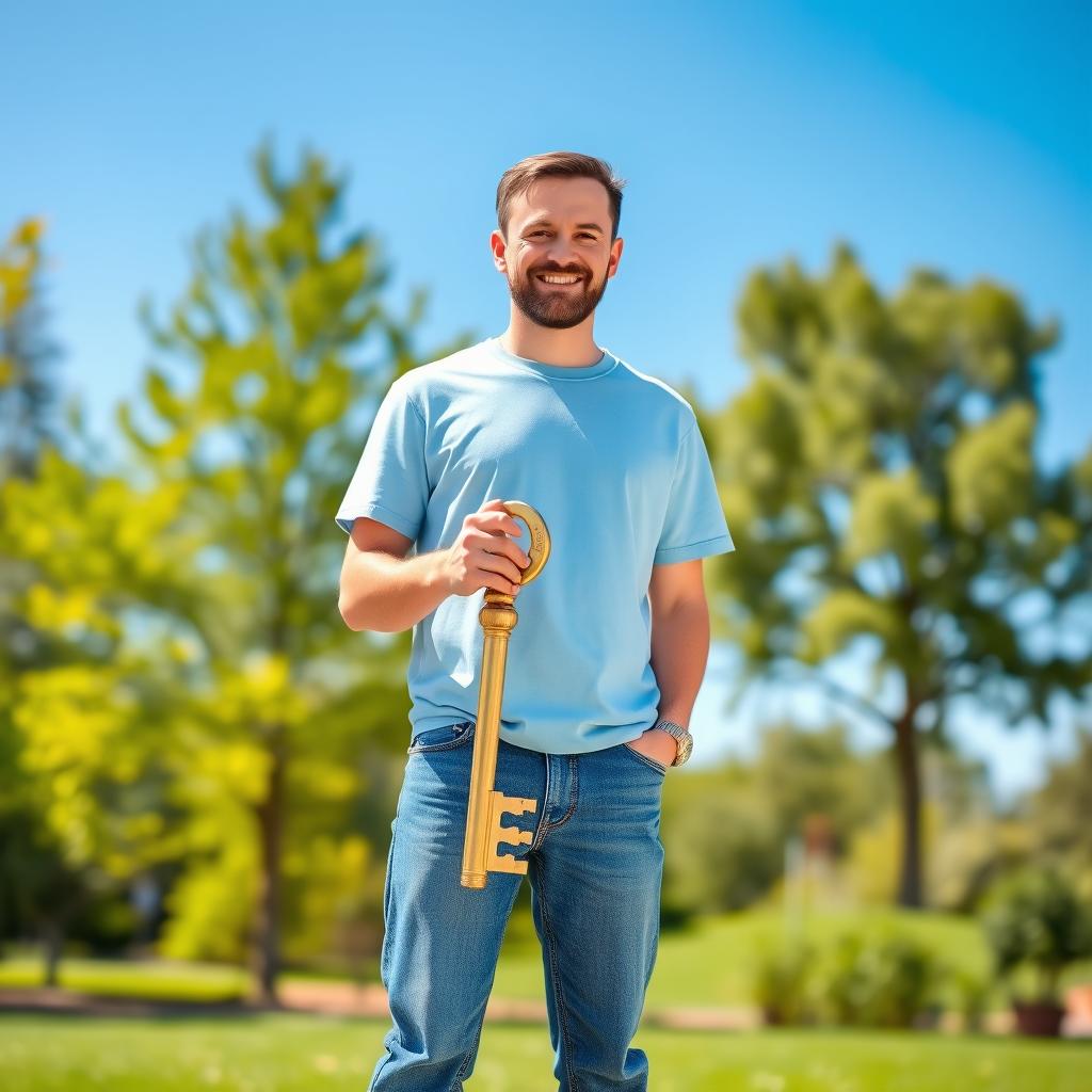 A regular person standing confidently in a bright, outdoor setting, holding a shiny golden key in their right hand